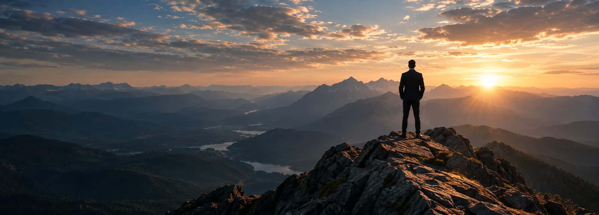 A lone professional standing on a mountain summit overlooking a sunset landscape