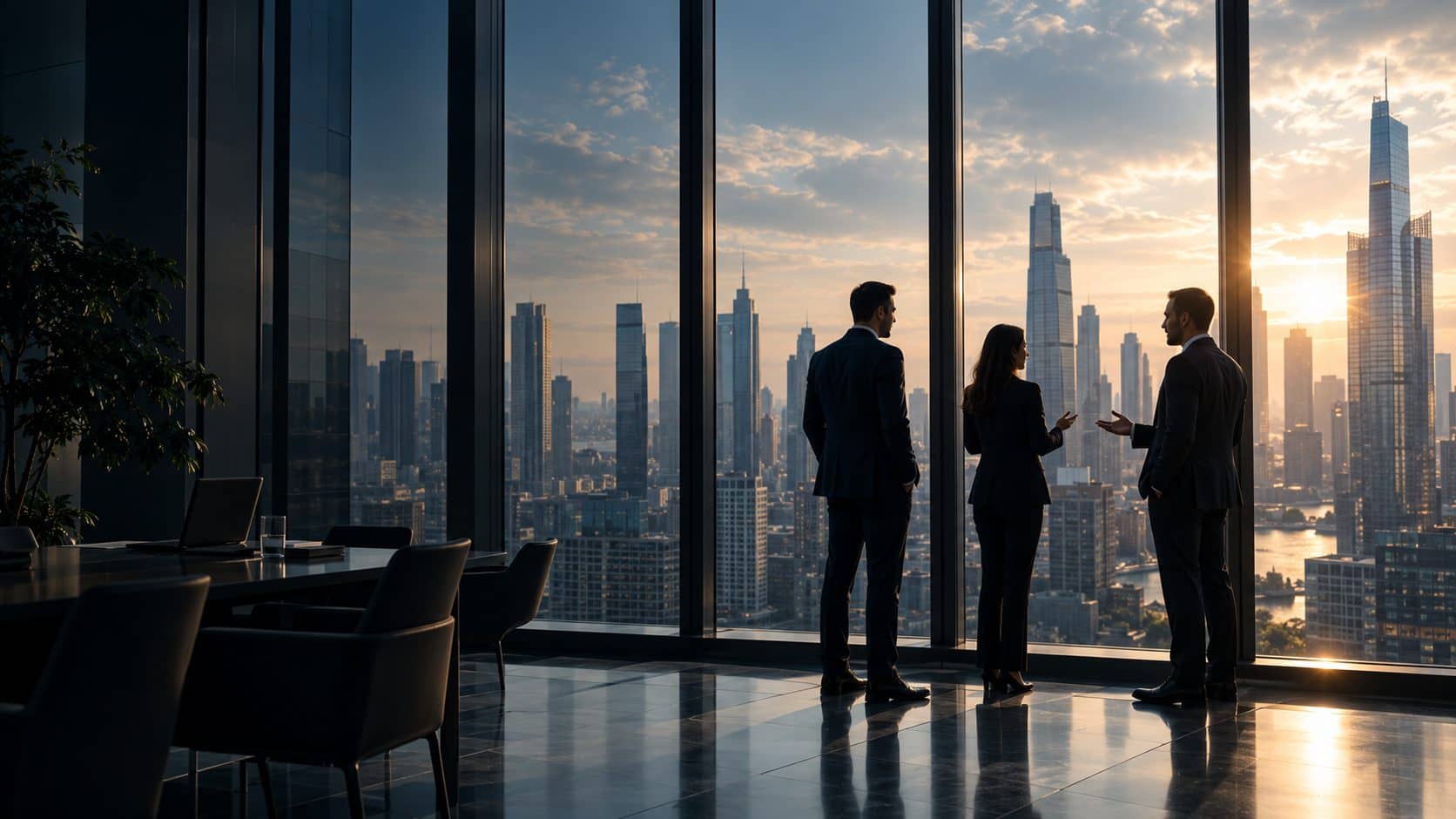 Three executives in conversation before a floor-to-ceiling window overlooking a city skyline at dusk