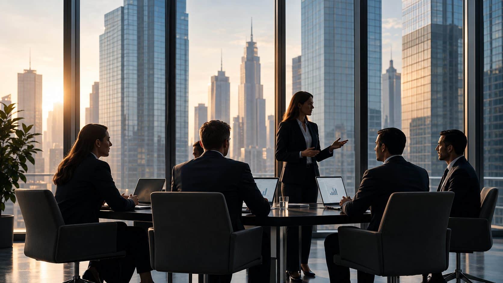 Strategy team presenting to leadership in a glass conference room overlooking a city skyline