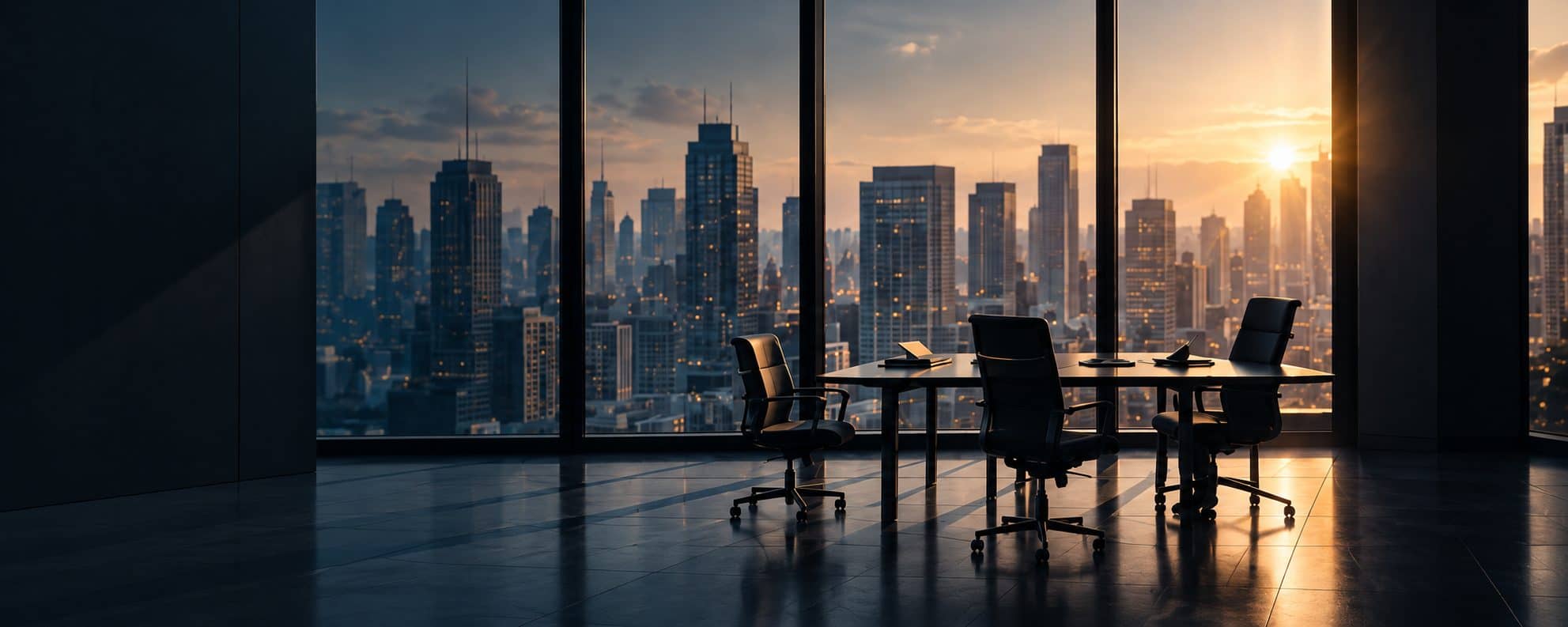 An empty conference room with floor-to-ceiling windows overlooking a city skyline at sunset