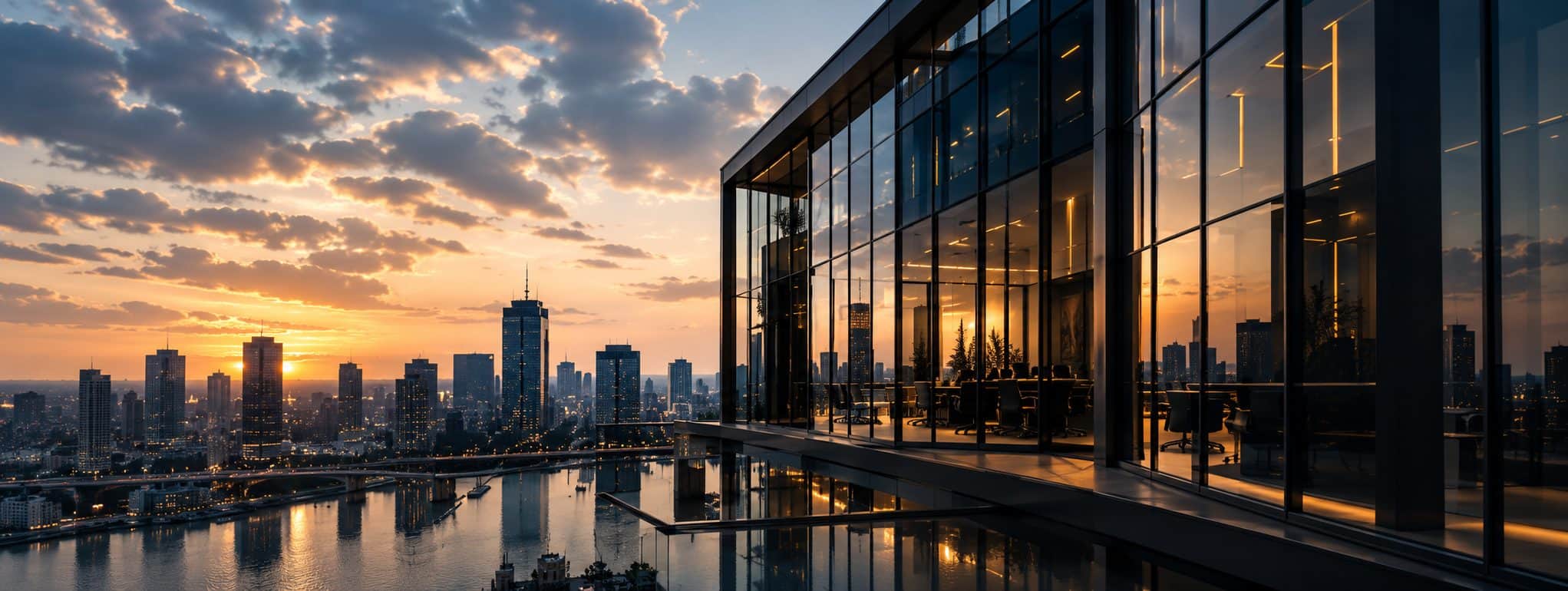 Glass office tower cantilevered over water at sunset