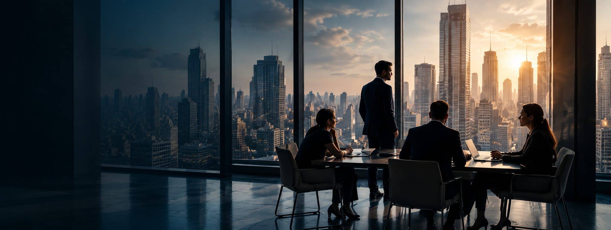 Executives in a glass-walled meeting room overlooking a city skyline at sunset
