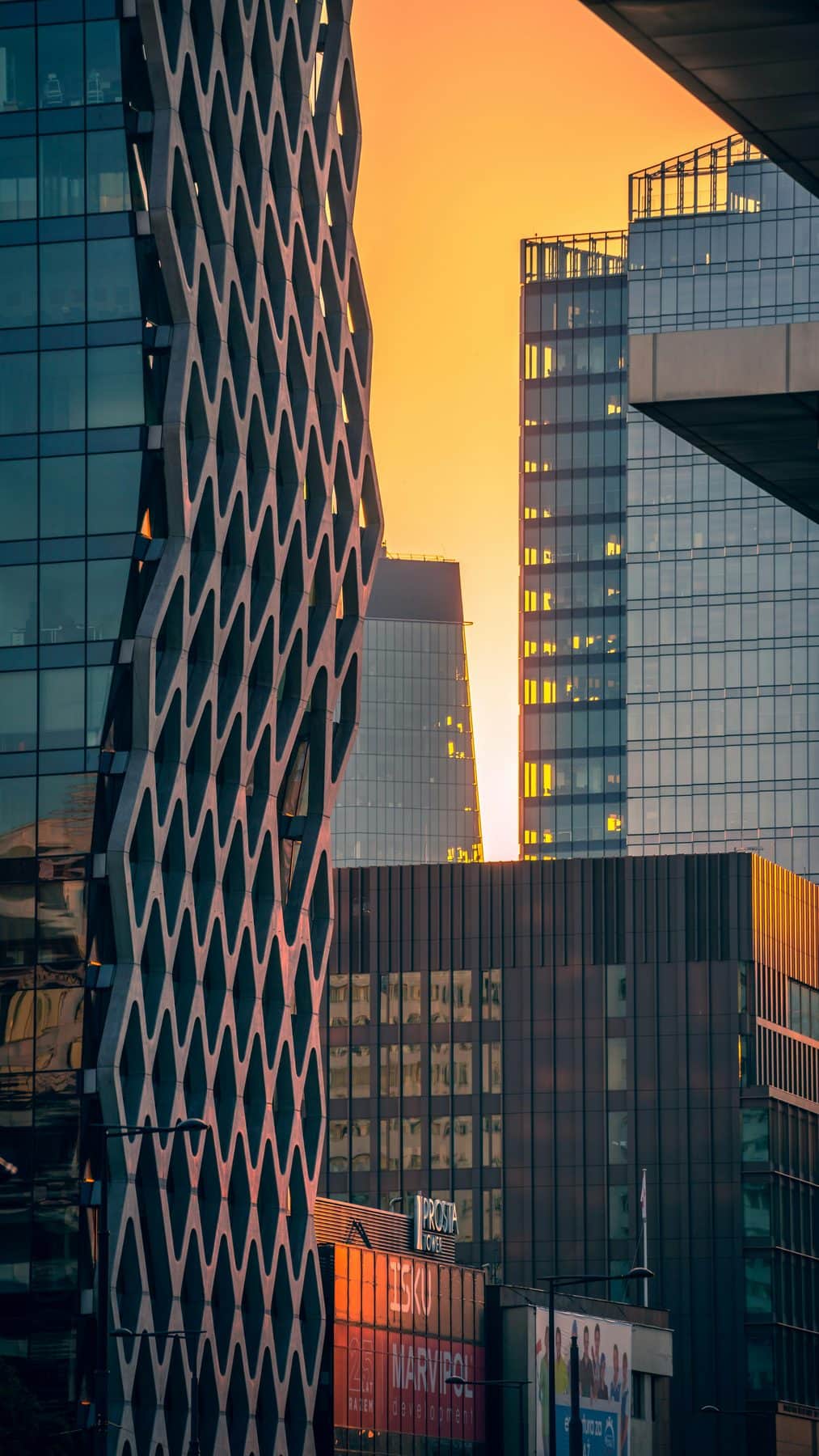 City skyline silhouetted at sunset