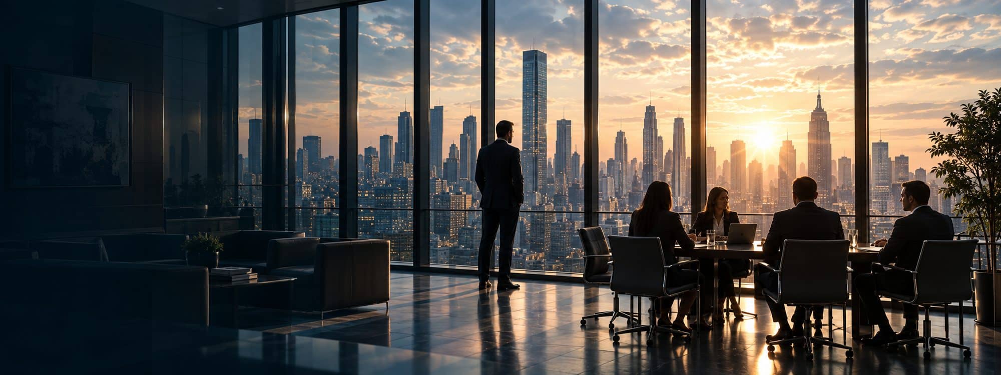 An executive standing before floor-to-ceiling windows overlooking the city at sunset