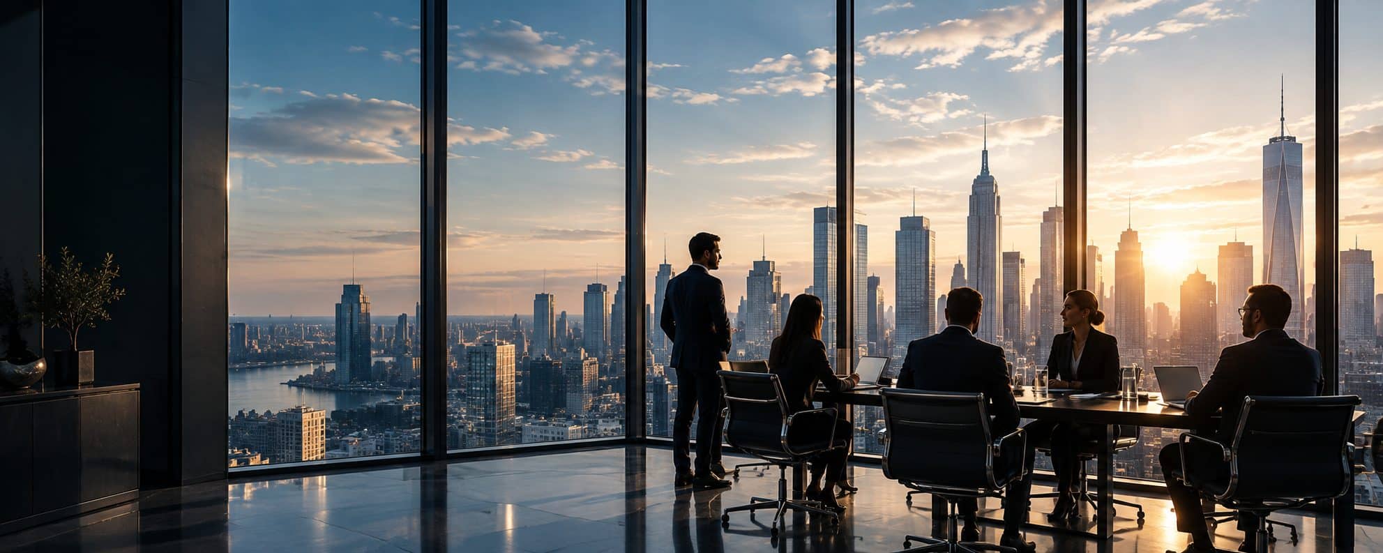 Advisory team meeting at a conference table overlooking the New York skyline at sunset